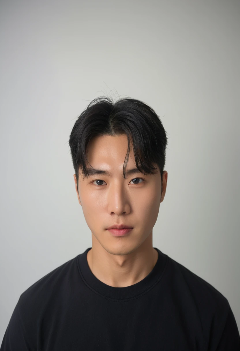 Best Quality, 8k, Masterpiece, (Portrait: 1.3), (photo realistic:1.4), (hyper realistic:1.4), Sharp Focus, looking at viewer, (smoother lighting:1.1), (increase cinematic lighting quality:0.9), realistic lighting, backlighting, light on face, ray trace, (brightening light:1.2), (Increase quality:1.4), sharp detail, (best quality real texture skin:1.4), finely detailed eyes, black_eyes, finely detailed face, 25 year old Korean man