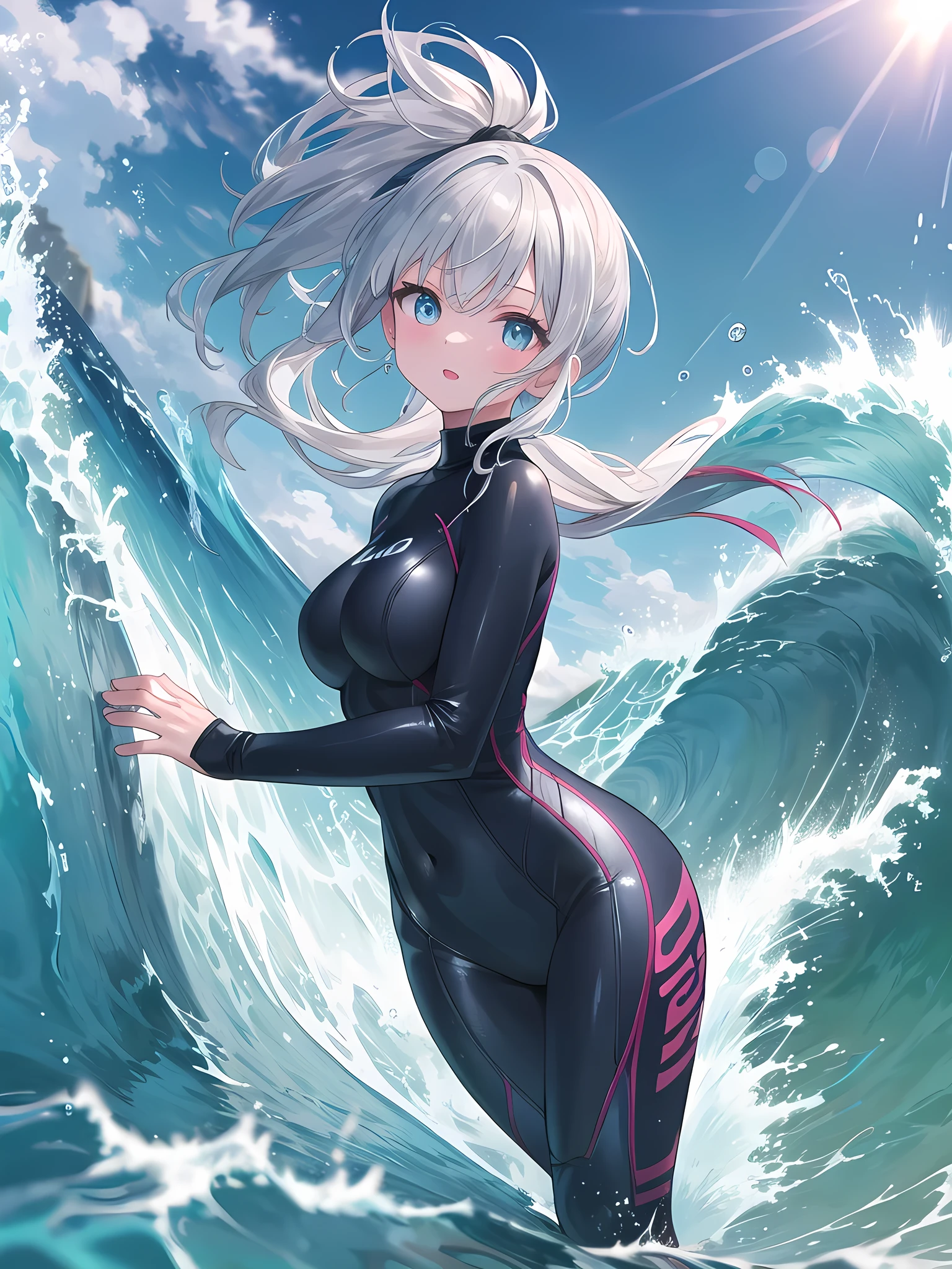 (8k, best quality, master piece: 1.2),super high resolution,1 girl, solo, colorshift eyes, hyperdetailed, expressive eyes, ultra-detailed face, A silver-haired girl surfing a big wave. The waves are splashing and the sunlight is reflecting off the surface of the water. Her long silver hair is tied up in a ponytail, she is wearing a surfing wetsuit and a surfboard. She is posing powerfully as she rides the wave.