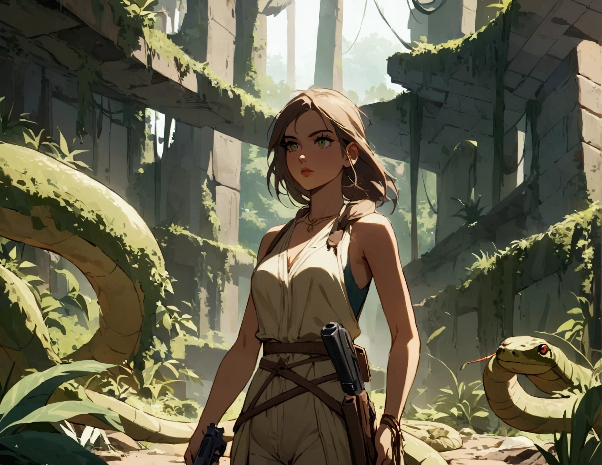 Lexa Doig (age 26) as Indian Jones, armed with her whip and pistol she explores a jungle ruin infested with snakes and spiders