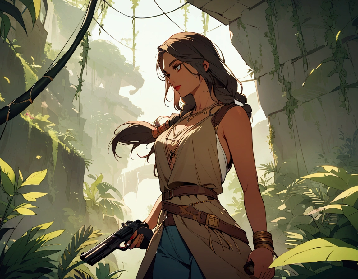 Lexa Doig (age 26) as Indian Jones, armed with her whip and pistol she explores a jungle ruin infested with snakes and spiders
