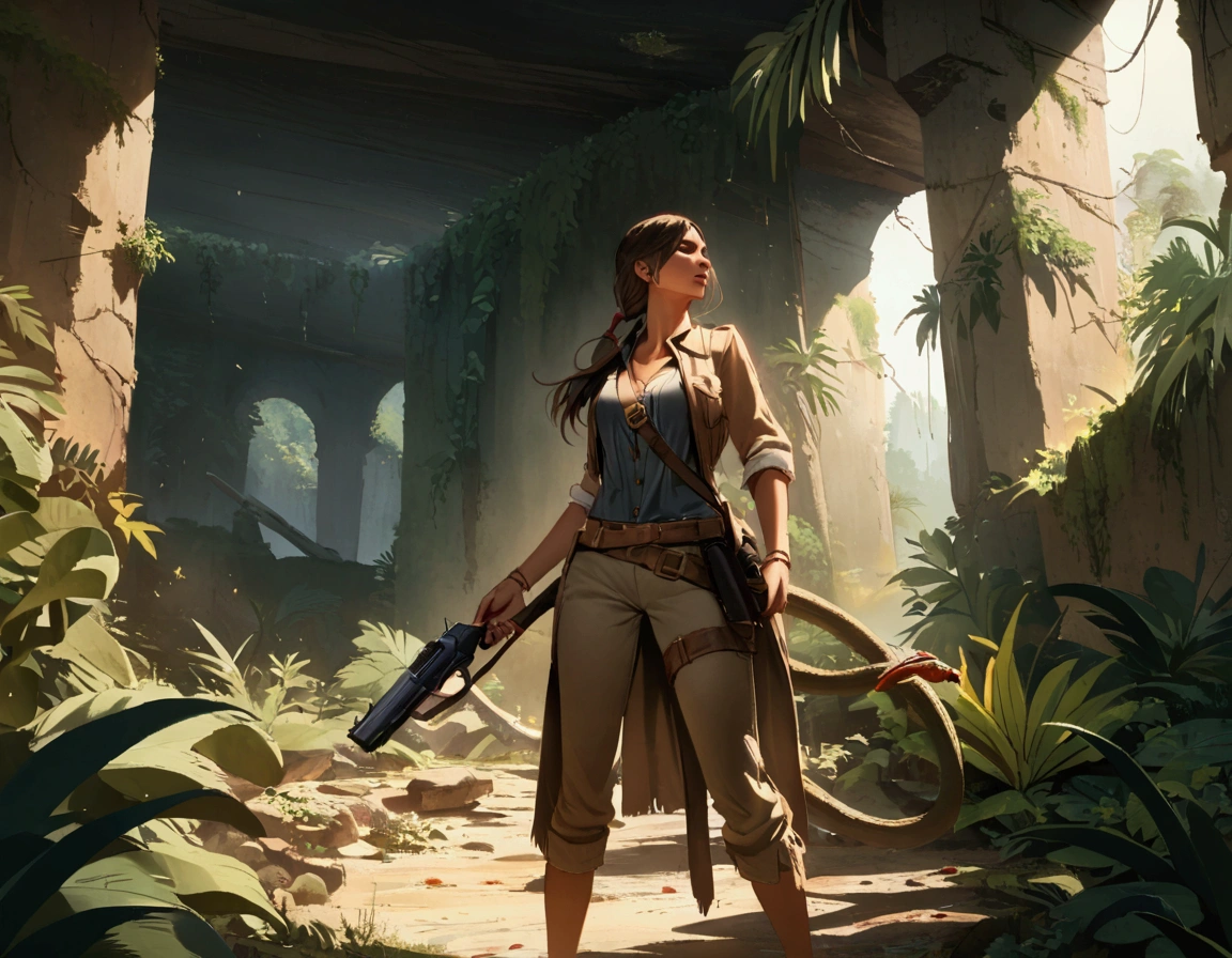 Lexa Doig (age 26) as Indian Jones, armed with her whip and pistol she explores a jungle ruin infested with snakes and spiders