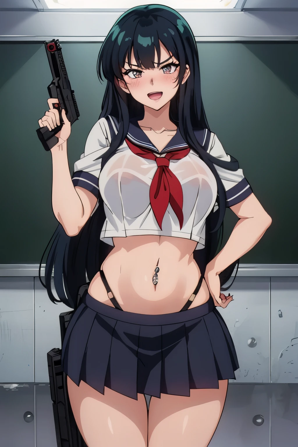 , 1girl, kurugaya yuiko, blush, lipstick, long hair, Hot girl, baddie, staring, glaring, bad attitude, mean girl, crazy, smoking, masterpiece, best quality, highly detailed, a anime girls in sailor uniforms with a gun posing for a picture,
evil smile, smile, open mouth,black_serafuku, ecchi anime style, anime girls , (nsfw) not safe for work,
ecchi style, ecchi, shipgirls, digital anime art!!, high school girls, holding a gun, hold a gun, anime style 4
k, micro skirt, exposed belly, exposed navel, exposed midriff, holding pistol,underboob,
exposed lower belly,school, classroom