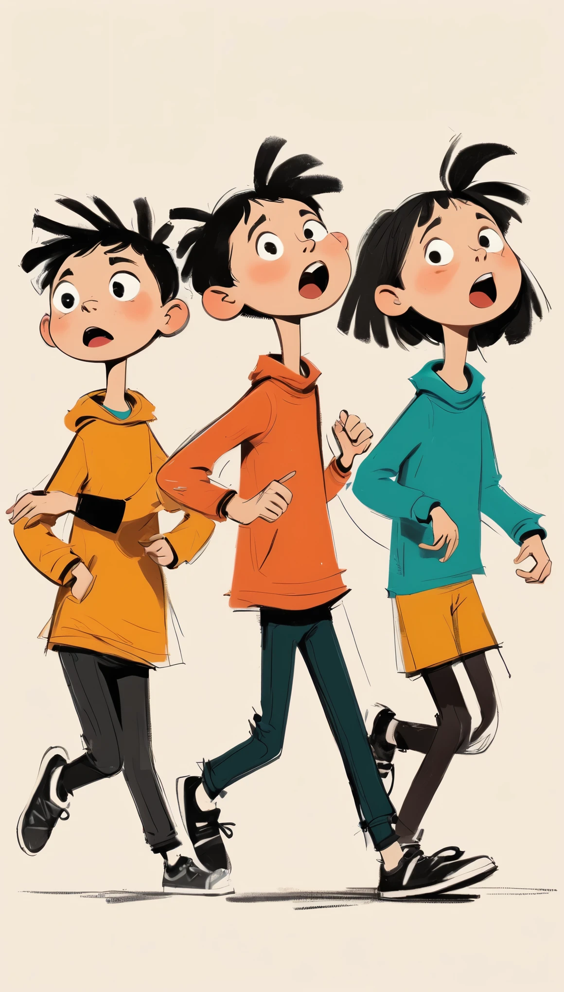 (((Exaggerated digital character sketches:1.37))).(Three elementary school students,(Exaggerated expression)),(Black sketch lines,Loose brushstrokes create the outline,Cartoon Style. Bright colors and simplified lines, sketch)。(Exaggerated body movements,),(run)