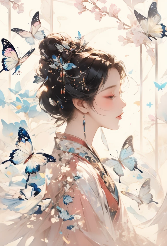 Colorful Butterfly，，Peach Blossom Fairy，1 Girl，Chinese，side view