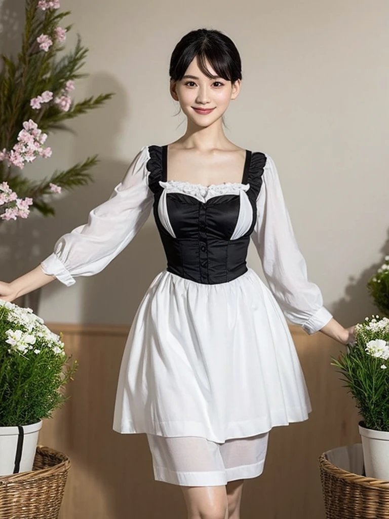 Highest quality、masterpiece、8k、Very detailed、Realistic、Looking at me with a smile、whole body、Black Hair、Short Hair、Small face、Slender、Big Breasts、Thin and beautiful legs、narrow and constricted waist,、Victorian maid clothes