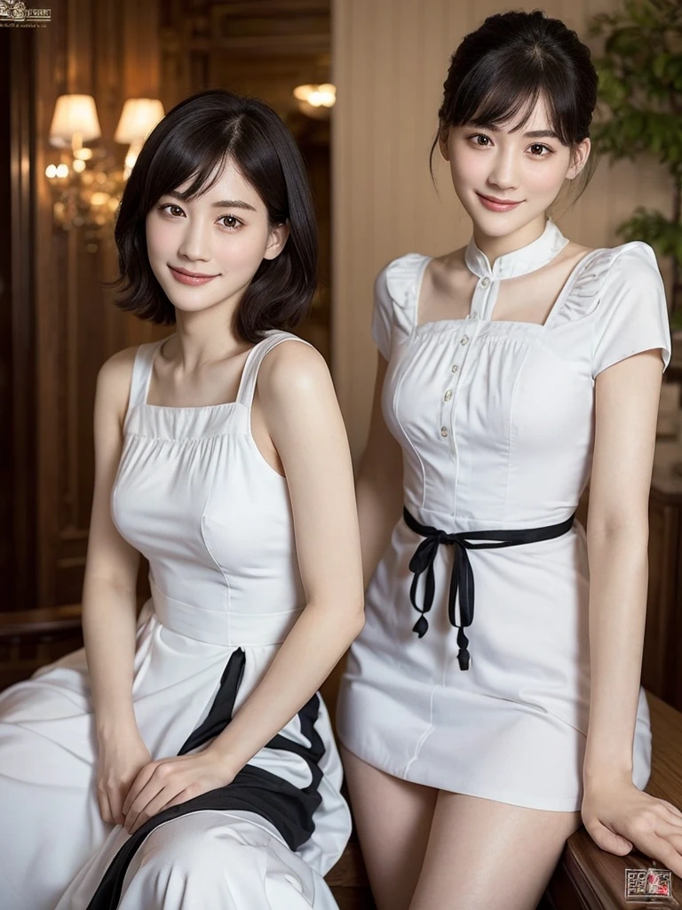 Highest quality、masterpiece、8k、Very detailed、Realistic、Looking at me with a smile、whole body、Black Hair、Short Hair、Small face、Slender、Big Breasts、Thin and beautiful legs、narrow and constricted waist,、Victorian maid clothes