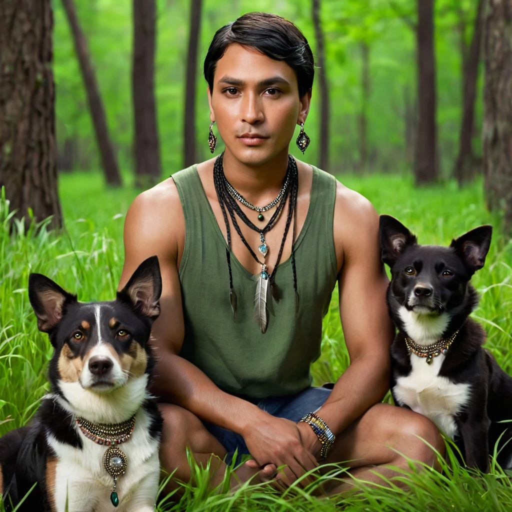 Realistic image of a man, alone, with short hair, looking at the viewer, black hair, brown eyes, jewelry, braid, earrings, dark skin, necklace, mole, dark-skinned woman, lips, feathers, Native America, sitting on the green grass in the forest trees with her dogs