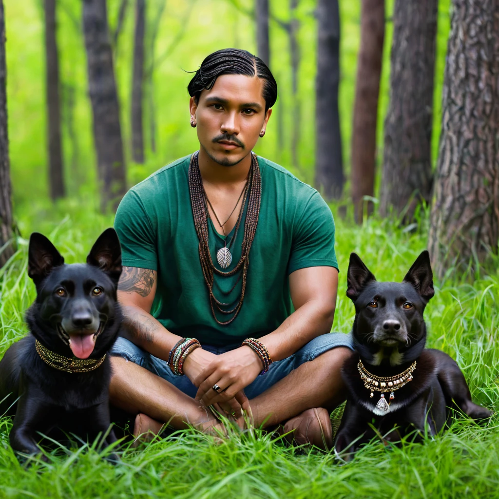 Realistic image of a man, alone, with short hair, looking at the viewer, black hair, brown eyes, jewelry, braid, earrings, dark skin, necklace, mole, dark-skinned woman, lips, feathers, Native America, sitting on the green grass in the forest trees with her dogs