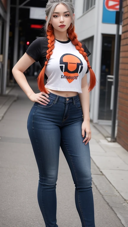 "model realisian   of figures female adult "
facial woman perfect very,eyes blue and lips red,her hair gray longest very with hairstyles braid, extremely long hair, her body curvy,her wear a tshirt orange  and her wear a jeans black , her figure complete show in photo,photo of full figure 