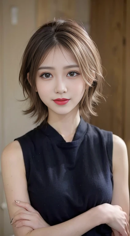 blush a little and smile, (Top quality masterpiece:1.2) Delicate illustrations, Very detailed, /Beautiful Japanese Women、1 person,Very cute and slim、Great style 、((8k images、super high quality))、Very delicate face, Big Breasts、Skin and Hair、beautifule forehead、Red lipstick、(((((short hair、Blonde、lure))))),Very cute Japanese cut face、Eyes and nose are clearly visible、Kind eyes,((((Black sleeveless fashion))))