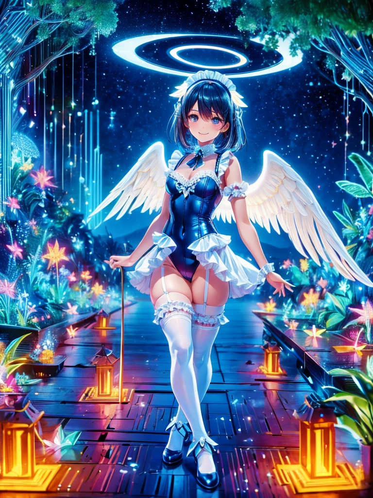 Highest quality,Highest Resolution,Smiling beautiful girl in maid leotard,White angel wings on your back,Halo,High leg,Frills,Knee-high stockings,front,whole body,up,universe,Milky Way,meteor,Earth,Very beautiful eyes,