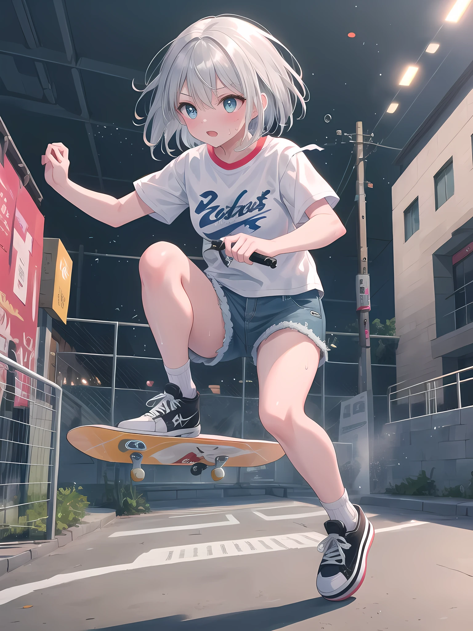 (8k, best quality, master piece: 1.2),super high resolution,1 girl, solo, colorshift eyes, hyperdetailed, expressive eyes, ultra-detailed face, Silver-haired girl in the air performing tricks at skate park. Light reflections under skateboard and sweat glistening in the air. Short silver hair, sport t-shirt, denim shorts, skateboard shoes. Action-packed energetic pose.