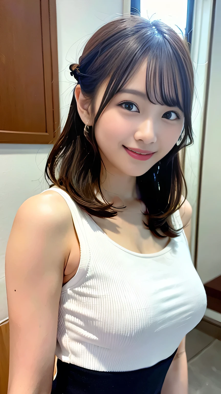 (Highest quality、In 8K、32K、masterpiece、Hmph:1.2)、One Girl、Beautiful Japanese Women、Big breasts and small waist、(Beautiful nape)、((Updo))、(Wearing a camisole、hot pants)、20-year-old、In a room bathed in morning sunlight、(Biting pose:1.2)、(smile:1.5)、
