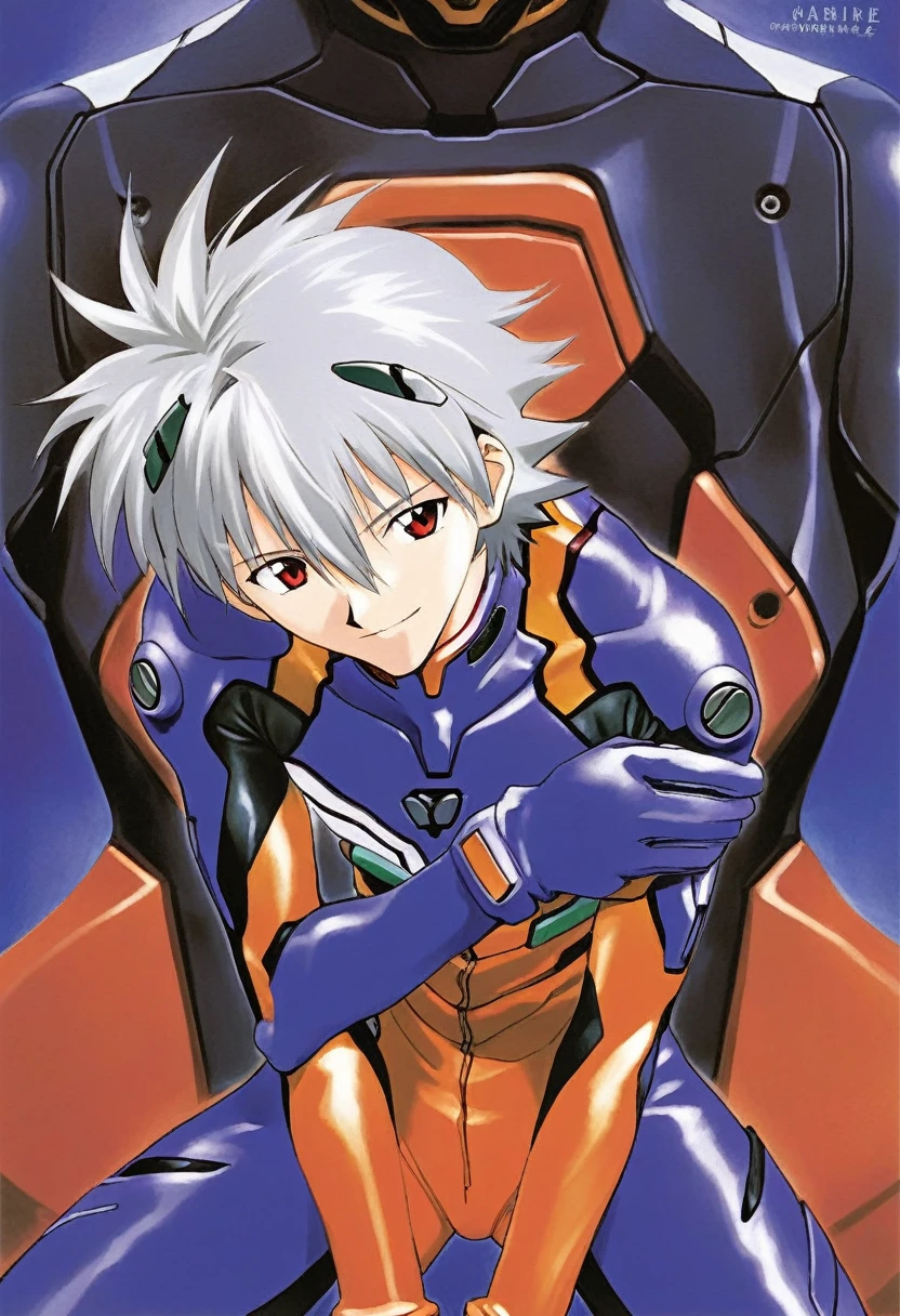 nagisa kaworu, plugsuit, male focus, 1boy, red eyes, solo, smile, bodysuit, grey hair, interface headset, looking at viewer, ikari shinji, pilot suit, crossed arms,