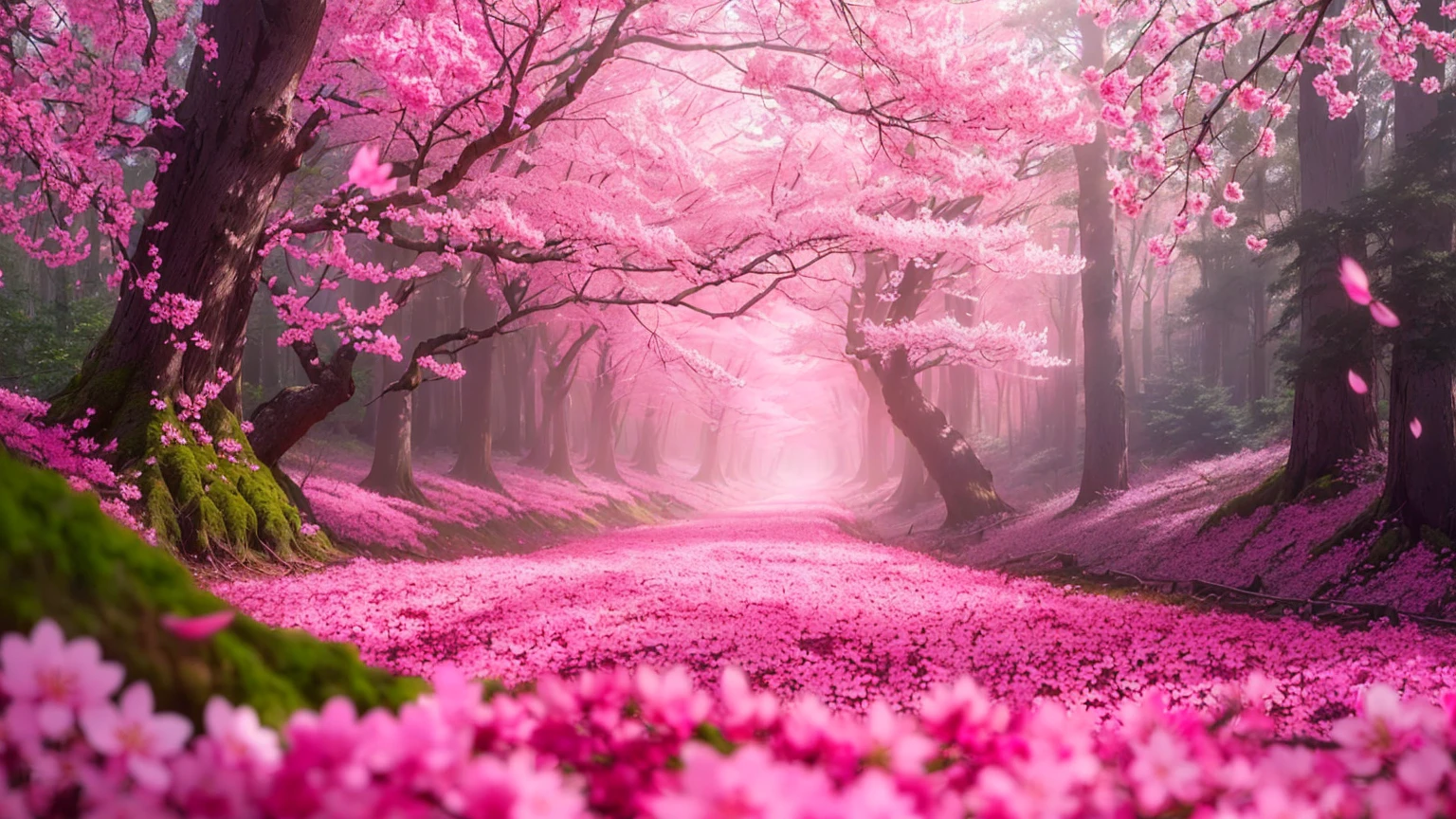 pink flowers are covering the ground in a forest, cherry blossom forest, pink forest, blossoming path to heaven, in pink forest, beatiful backgrounds, pink landscape, pink trees, heaven pink, really beautiful nature, cherry blossom trees, beautiful nature, beautiful wallpaper, hd wallpaper, pink mist, sakura trees, lush sakura trees, nature wallpaper