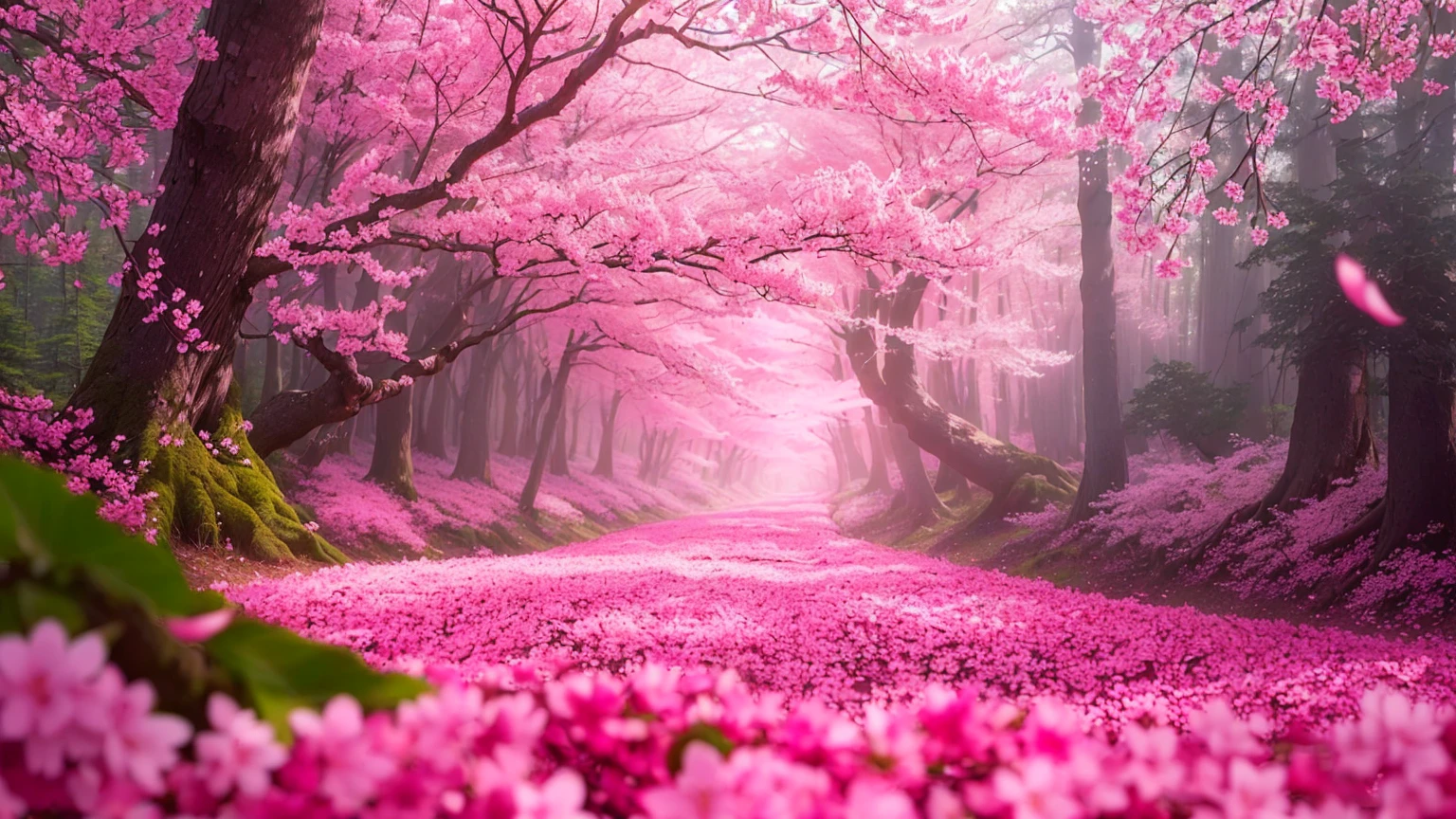 pink flowers are covering the ground in a forest, cherry blossom forest, pink forest, blossoming path to heaven, in pink forest, beatiful backgrounds, pink landscape, pink trees, heaven pink, really beautiful nature, cherry blossom trees, beautiful nature, beautiful wallpaper, hd wallpaper, pink mist, sakura trees, lush sakura trees, nature wallpaper