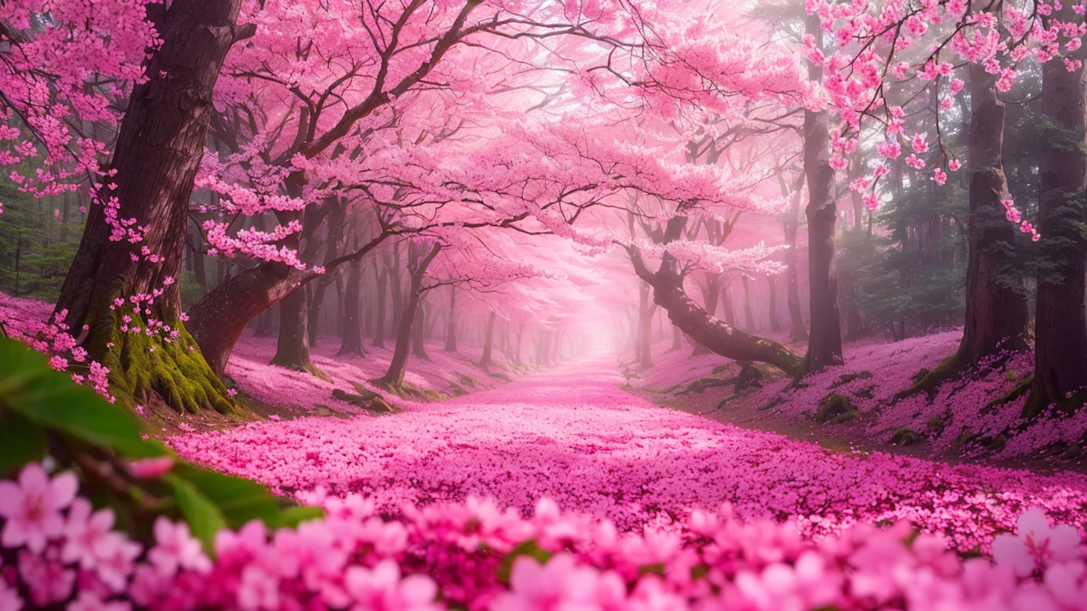 pink flowers are covering the ground in a forest, cherry blossom forest, pink forest, blossoming path to heaven, in pink forest, beatiful backgrounds, pink landscape, pink trees, heaven pink, really beautiful nature, cherry blossom trees, beautiful nature, beautiful wallpaper, hd wallpaper, pink mist, sakura trees, lush sakura trees, nature wallpaper