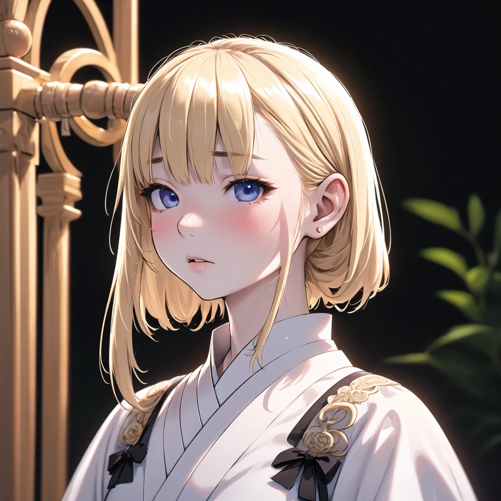 Meticulous, analog style, focus on the eyes, highest quality, (highly detailed skin), photo of very handsome pale skin Japanese donghua girl, 21 years old, (blonde hair), perfect face, pore skin, (penetration:0.5), black background, (bokeh:0.6), sharp focus, grainy lighting, (backlight:0.7), film grain, photographed with Sony A7R IV camera, 18mm F/1.7 cine lens, (highly detailed, intricate detail), 8k, HDR, front view, (upper body: 0.9)