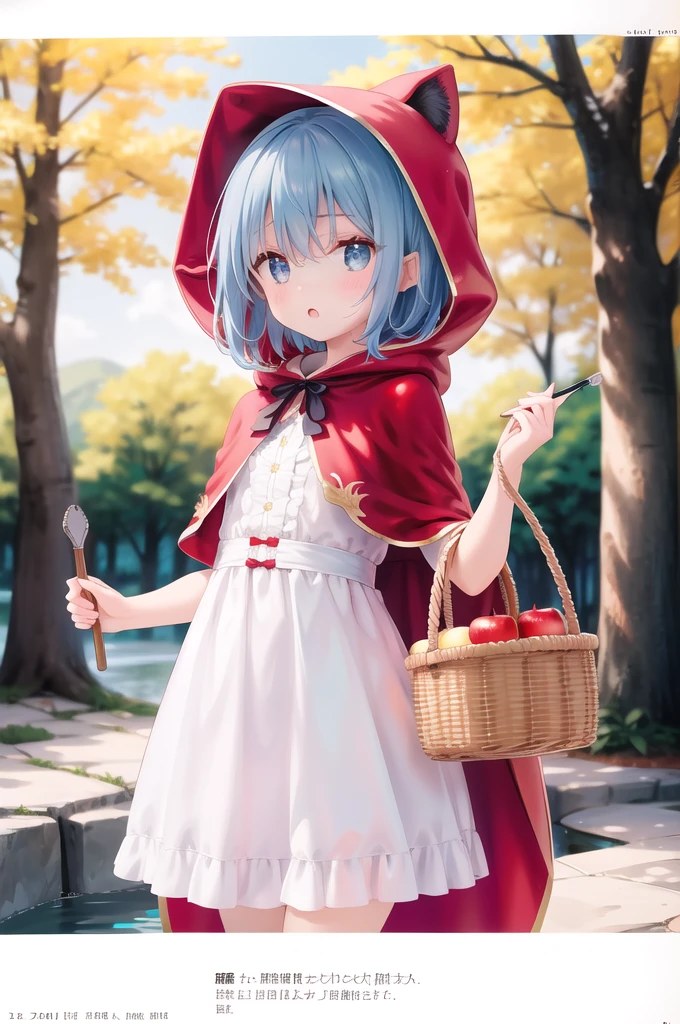 (masterpiece),(highest quality),highres,(an extremely delicate and beautiful),(extremely detailed),Amazing,finely detail,(flat:1.3),(petite),
1girl,fruit,apple,basket,solo,food,blue eyes,little red riding hood (grimm),little red riding hood (grimm) (cosplay),blue hair,holding basket,outdoors,forest,short hair,holding,hood,red hood,nature,dress,tree,hair between eyes,cosplay,bangs,hood up,red capelet,:o,red cloak,blush,day,hooded capelet,