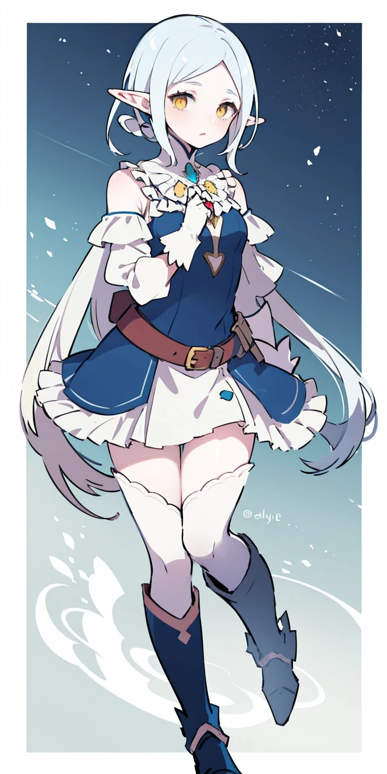 masterpiece, best quality, high quality, white SKIN elf, long hair, white hair, yellow eyes, full body, def_effie, blue breastplate, white skin, looking at viewer, shiny, armor, thigh highs, high boots, shoulder armor, faulds, poleyn, gloves, gauntlets