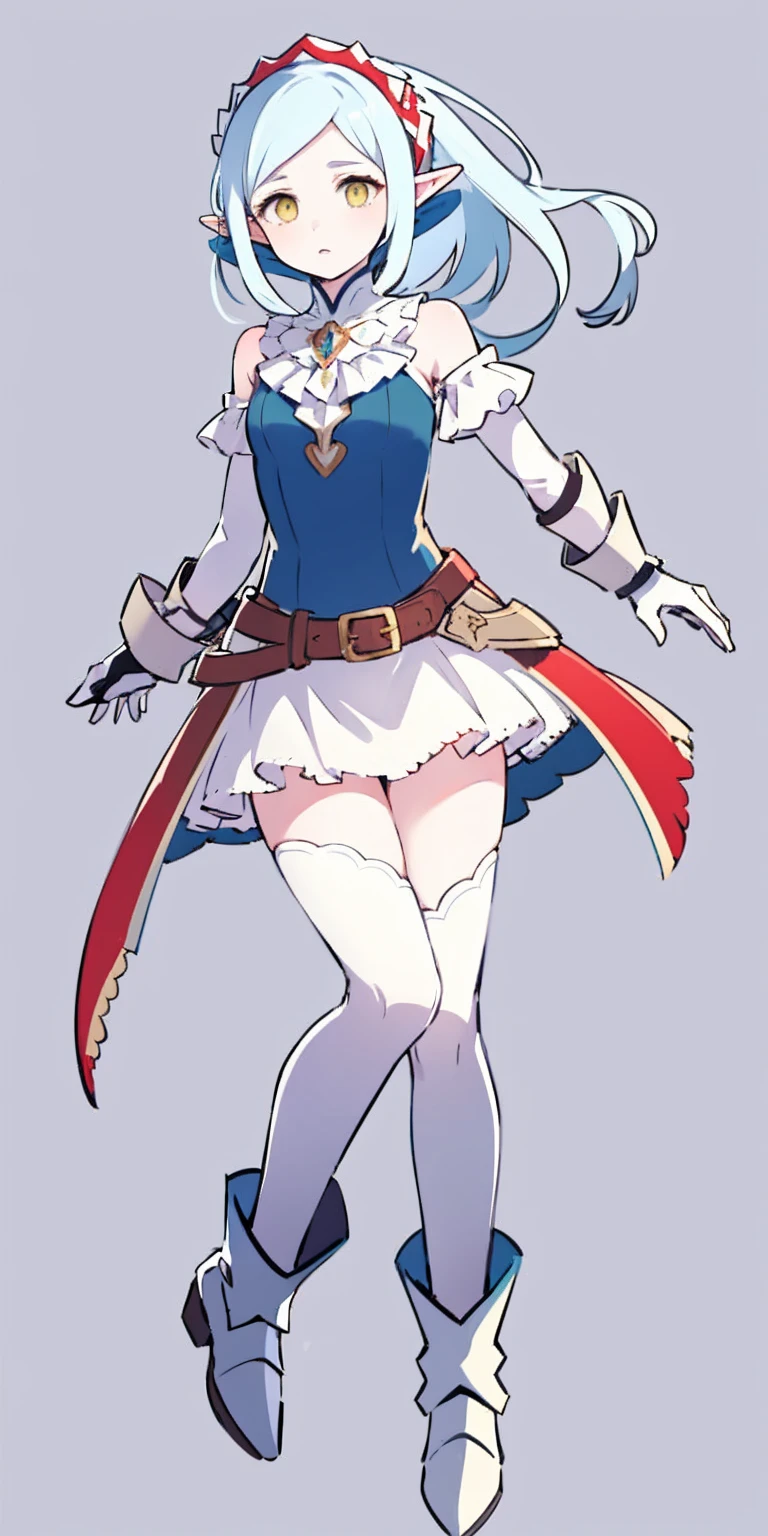 masterpiece, best quality, high quality, white SKIN elf, long hair, white hair, yellow eyes, full body, def_effie, blue breastplate, white skin, looking at viewer, shiny, armor, thigh highs, high boots, shoulder armor, faulds, poleyn, gloves, gauntlets