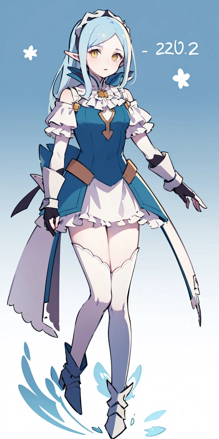 masterpiece, best quality, high quality, white SKIN elf, long hair, white hair, yellow eyes, full body, def_effie, blue breastplate, white skin, looking at viewer, shiny, armor, thigh highs, high boots, shoulder armor, faulds, poleyn, gloves, gauntlets