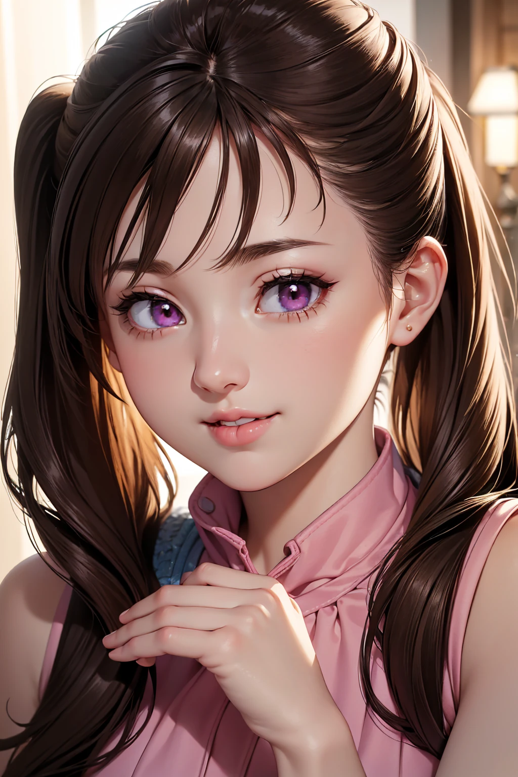 High details:1.5, high resolution, Natural strokes and colors, natural lighting, face detailed, detailed hair, eye detailed, detailed nose, detailed lips, detailed hands. an adult and beautiful girl:1.9, wearing a sleeveless blouse, pink tinted lips, gazing at viewer, city at night, Long BROWN hair, with a beautiful smile Diane.