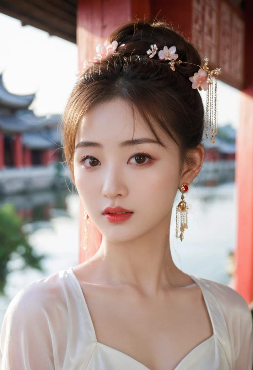(best quality: 1.3, masterpiece: 1.3), Ultra HD, (1 Girl, Solitary), Atmospheric perspective, Delicate face, Upper Body, cosmetic, Pink lips, Cleft lip, Glowing skin, (Brown hair), Extra long hair, Looking at the audience, Red Eyes, earrings, Small Breasts, slim, (white silk), (((((East Asian Architecture, riverside, Beautiful background))), Perfect lighting, (Front lighting), Physically Based Rendering,