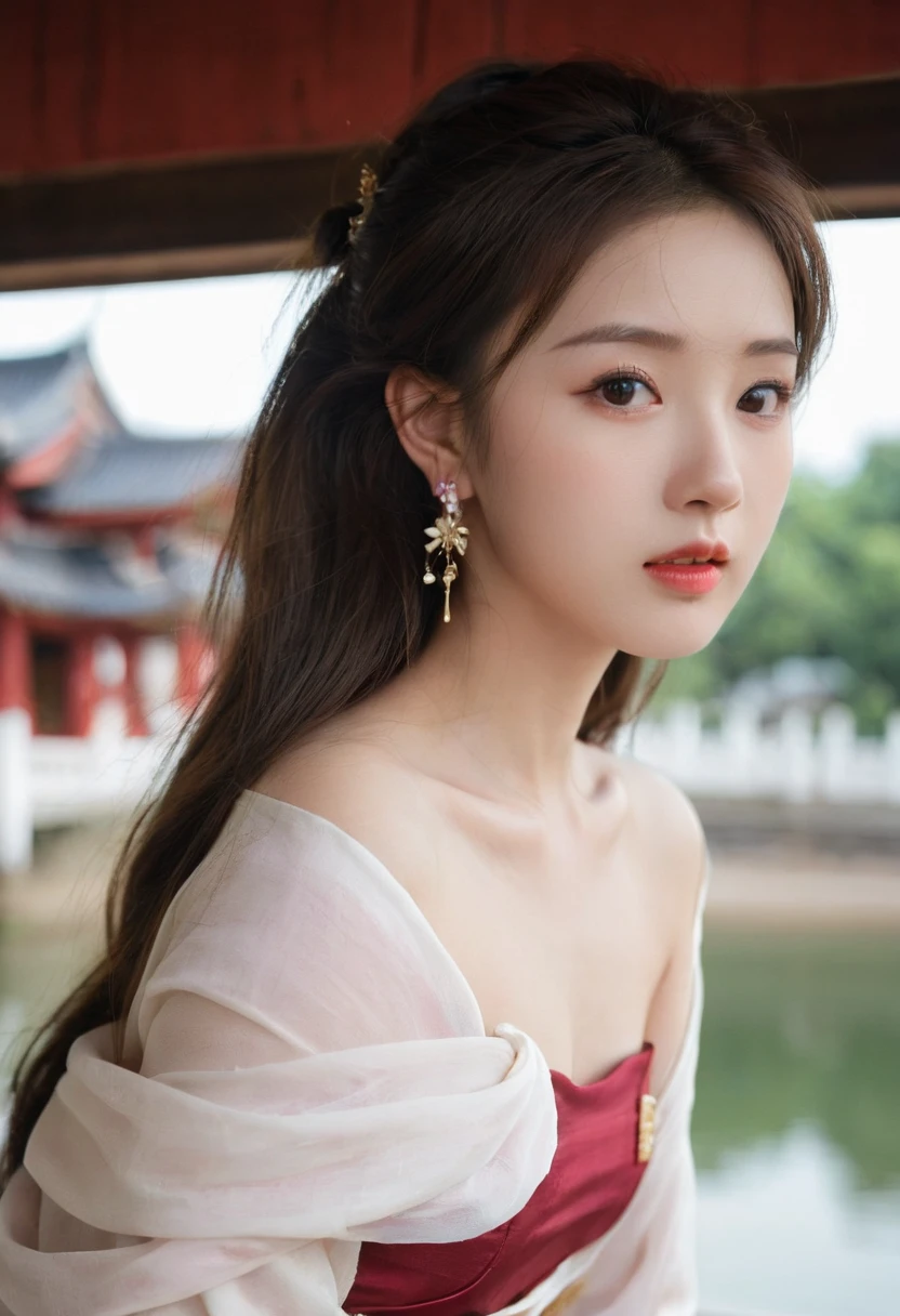 (best quality: 1.3, masterpiece: 1.3), Ultra HD, (1 Girl, Solitary), Atmospheric perspective, Delicate face, Upper Body, cosmetic, Pink lips, Cleft lip, Glowing skin, (Brown hair), Extra long hair, Looking at the audience, Red Eyes, earrings, Small Breasts, slim, (white silk), (((((East Asian Architecture, riverside, Beautiful background))), Perfect lighting, (Front lighting), Physically Based Rendering,