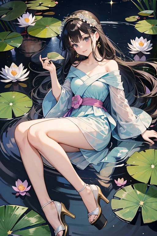 Keiko Koinobori has long gorgeous rooted hair styled with loose curls, straight bangs and a center part.

She wears a fitted charmeuse dress with off the shoulder wrap, water lily headband and chunky heels with a floating fish. SPARKLE; GLITTER