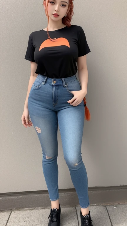 "model realisian of figures female adult "
facial woman perfect very,eyes blue and lips red,her hair gray longest very with hairstyles braid, extremely long hair, her body curvy,her wear a tshirt orange and her wear a jeans black , her figure complete show in photo,photo of full figure, perfect face
