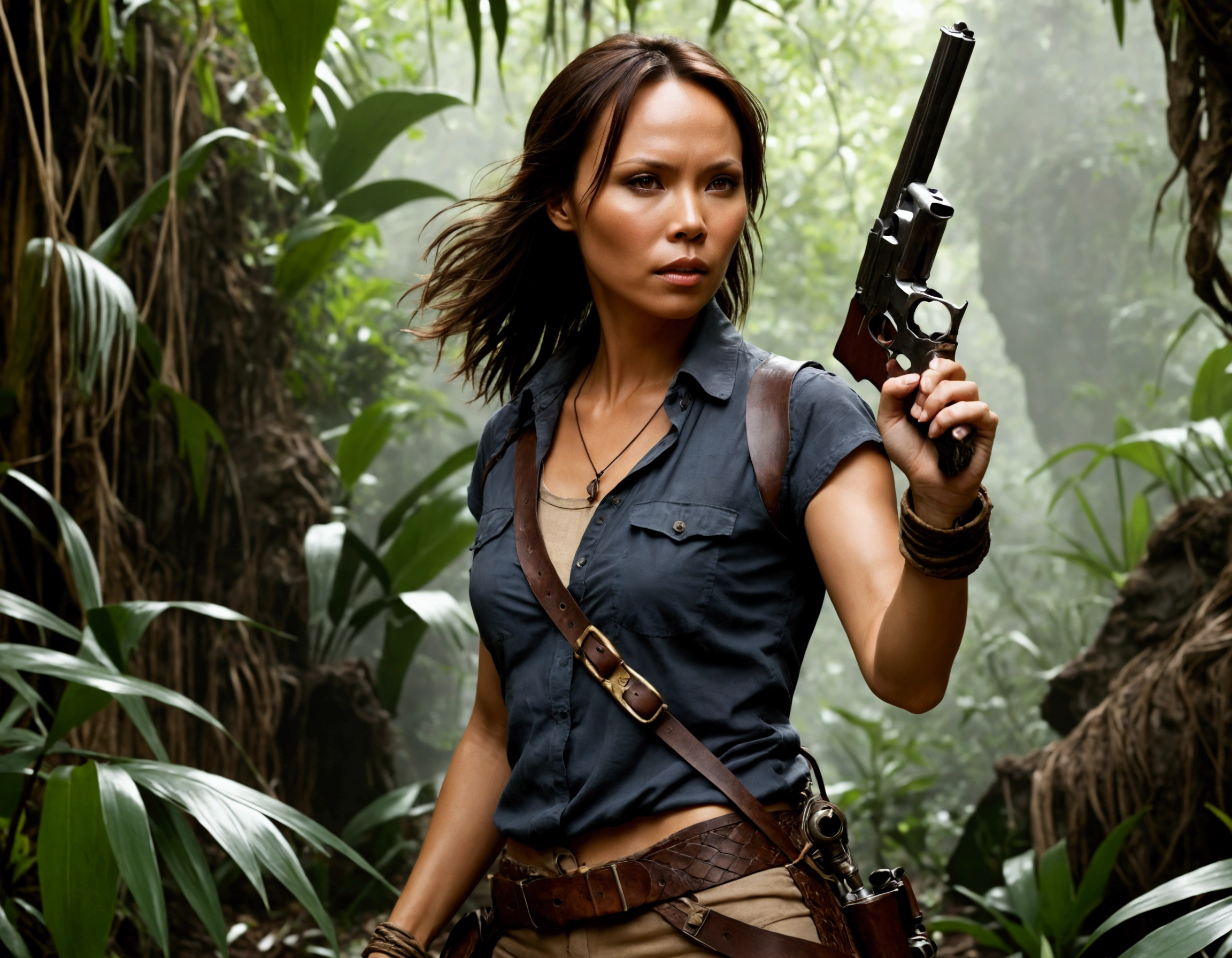 Lexa Doig (age 26) as Indian Jones, armed with her whip and pistol she explores a jungle ruin infested with snakes and spiders