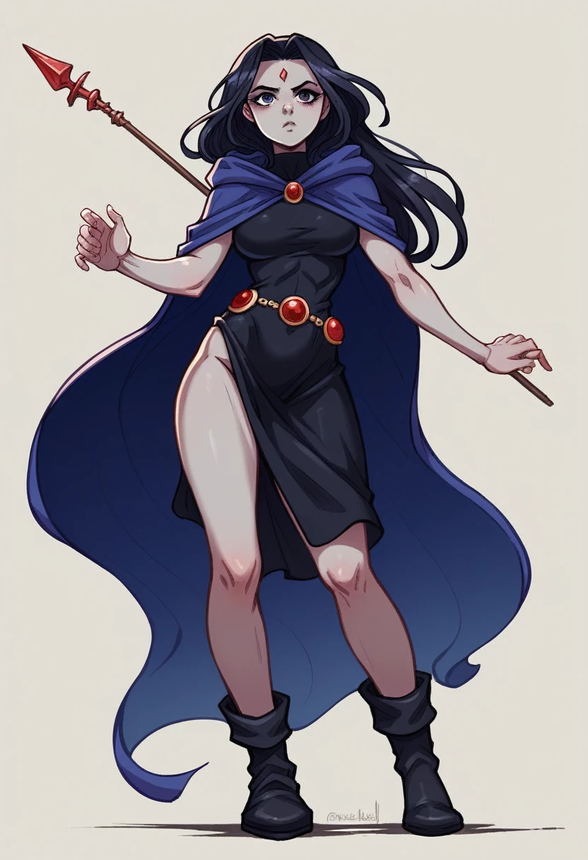 1 adult girl, Raven, black skin black leotard, black cloack, hooded cloak, sexy Greek knee-length skirt, booties, long flowing hair, wavy black hair, forehead jeauel, purples eyes, medieval belt, firm skin, standing, toned, breastsout, battle pose, delicate pose, perspective view(posando)), Lines of movement, portraite, b&au. Contour, whole body, holding a spear