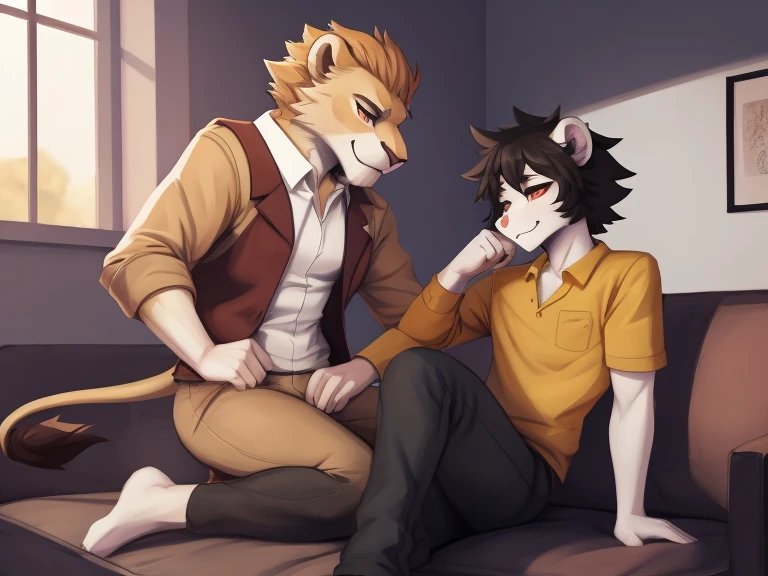 two lion furry anime characters are sitting on a couch, 1boy and 1girl, (sfw) safe for work, furry anime, sfw version, high quality fanart, pov furry art, commission for high res, furry chest, male art, commission, furry art!!!, furry art, commission for, from cryptid academia, nick silva and ilya kuvshinov, r / art