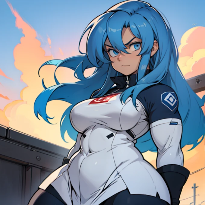 High detailed, 1 girl, solo, large long hair, sky-blue colored eyes, Busty, strong, thicc, Serious expression, expressive eyes, solo