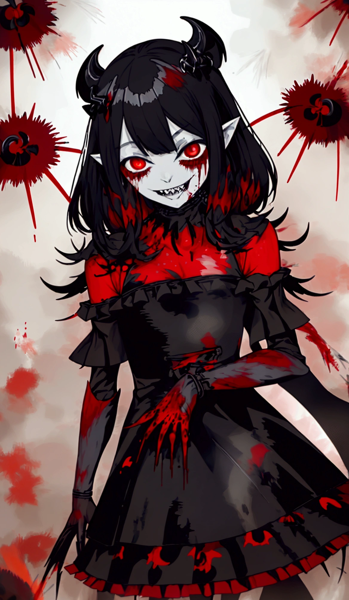 (Highest quality,4K,High resolution,masterpiece:1.2),Very detailed,Realistic:1.37,Spooky altar background,Dark fantasy,Red color scheme,Ominous atmosphere,Eye-catching,Storytelling,anatomy,Anime Style,Concept Art,beautiful細部までこだわった顔と (((Red eyes ))),A terrifying ritual ,Satanic Ritual,Premature death,Improper behavior,クレイジーなsmile,Scythe Face,Girl Monster, beautiful, Delicate facial features, Sharp Eye, Sharp Fangs, pale skin, Thick chain, Dark Background, Cinema Lighting, Dramatic Shadows, Gothic style, Gloomy atmosphere, Dark fantasy, One Girl, , Please open your mouth wide, Open your mouth and baring your teeth,Sharp teeth like a beast, Wide lips, very wide mouth, Vermilion cheeks, ,(Blood splatter:1.4),Scary smile, smile,Fallen angel design, Twisted smile、Bloodstained、bleeding from the head,,,,、Blood splatter、,(Blood splatter:1.4),Crossbones, skull,Horror Style, ((Fantasy Fallen Angel Costume)), ((Flowing black hair)), ,(Blood splatter:1.4),Female curves, Sexy flat stomach, Perfect hands, Perfect anime face, ((White Lolita Dress)), Are standing, ((邪悪なsmile)), ,(Blood splatter:1.4), Steam circulates, Moonlight Illumination, night lighting, disaster々new devil horns,,(Blood splatter:1.6),アニメFallen angel design, Twisted smile、Bloodstained、bleeding from the head,,,,、Blood splatter、,(Blood splatter:1.4),Crossbones, skull,Gothic architecture、Western architecture、Fantasy World、,Victorian cities, Skeleton Gas Light,Absurd, High resolution、 ((Tabletop)), ((Highest quality)), (Very detailedな), ((Very detailed)), (beautiful), ((pretty girl)), (NFSW:1.8), alone,(10 years old:1.6)、(world&#39;The most terrifying and creepy demon girl:1.5)beautiful face、Whole Body Ezbian、pale, Clear Skin、beautiful黒の髪、Smiling Kindly、Dark building ruins、(snow white&#39;Frill dress:1.3)、(The dark ruins are stained with blood:1.3)、Low angle full body shot、(少女は血の海の中にAre standing:1.5)、(The ground is full of blood:1.3)、(The girl lost a lot of blood..:1.3)、)、(クレイジーなsmile:1.6)、Spirits、(Blood dripping from the mouth:1.3)