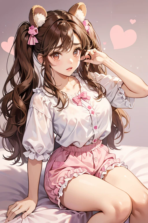 Lara has brown skin and large, pink eyes with short eyebrows and various shades of brown skin eyeshadow. Her lips are a slightly different brown color from her skin and she has long knee length crimped hair, in the color brown styled into two mini pigtails. Her accessories consist of a brown teddy bear face mask, and two teddy bear hair pieces.
Her undergarment consists of white panties with pink ruffles and teddy bear paw prints on them. The top is a white bra with ruffles and two teddy bear ears on them. On her legs are two white slightly transparent socks. Her pajama shirt is a blank white crop with short sleeves that have pink on the ends. This crop has 3 buttons going down the left. Around her shirt is tiny teddies and pink hearts. Her shorts are blank white with teddy bears and pink hearts all over them. In the middle of the top is a pink bow. Her teddy bear slippers are fuzzy light brown and have brown eyes. SPARKLE; GLITTER
