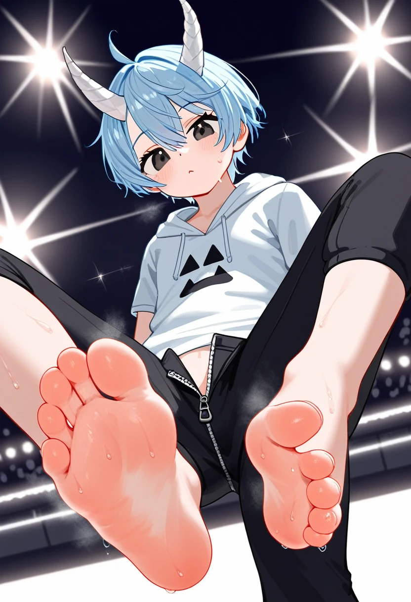 A cute boy showing his stinky feet low angle，barefoot，Sole，Sweating on the soles of the feet，Foot Focus，White T-shirt，Wearing a white and black hoodie jacket，Unzipped hoodie jacket，Bangs between the eyes，short hair，Light blue hair，Black trousers，Anatomically correct, There is a single diamond-like horn in the middle of the head.，Black eyes，Look at the audience