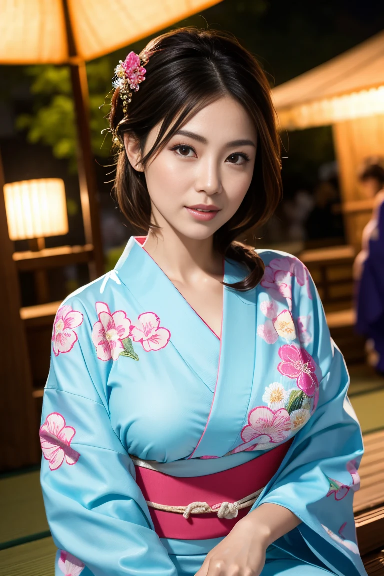 (masterpiece,best quality:1.4),(8k,raw photo,photo realistic:1.2),(shiny skin),detailed skin,detailed face,detailed eyes,Detailed Background,,1girl,upper body,Japanese idol,extremely beautiful face,brown hair,Hair ornament, fair-skinned mature woman,random hairstyle,,Mature woman sitting in detailed yukata, Kimono for summer festivals,Japanese festival,Large flower embroidery,Festival scene at night with stalls lined up,outdoor,nsfw