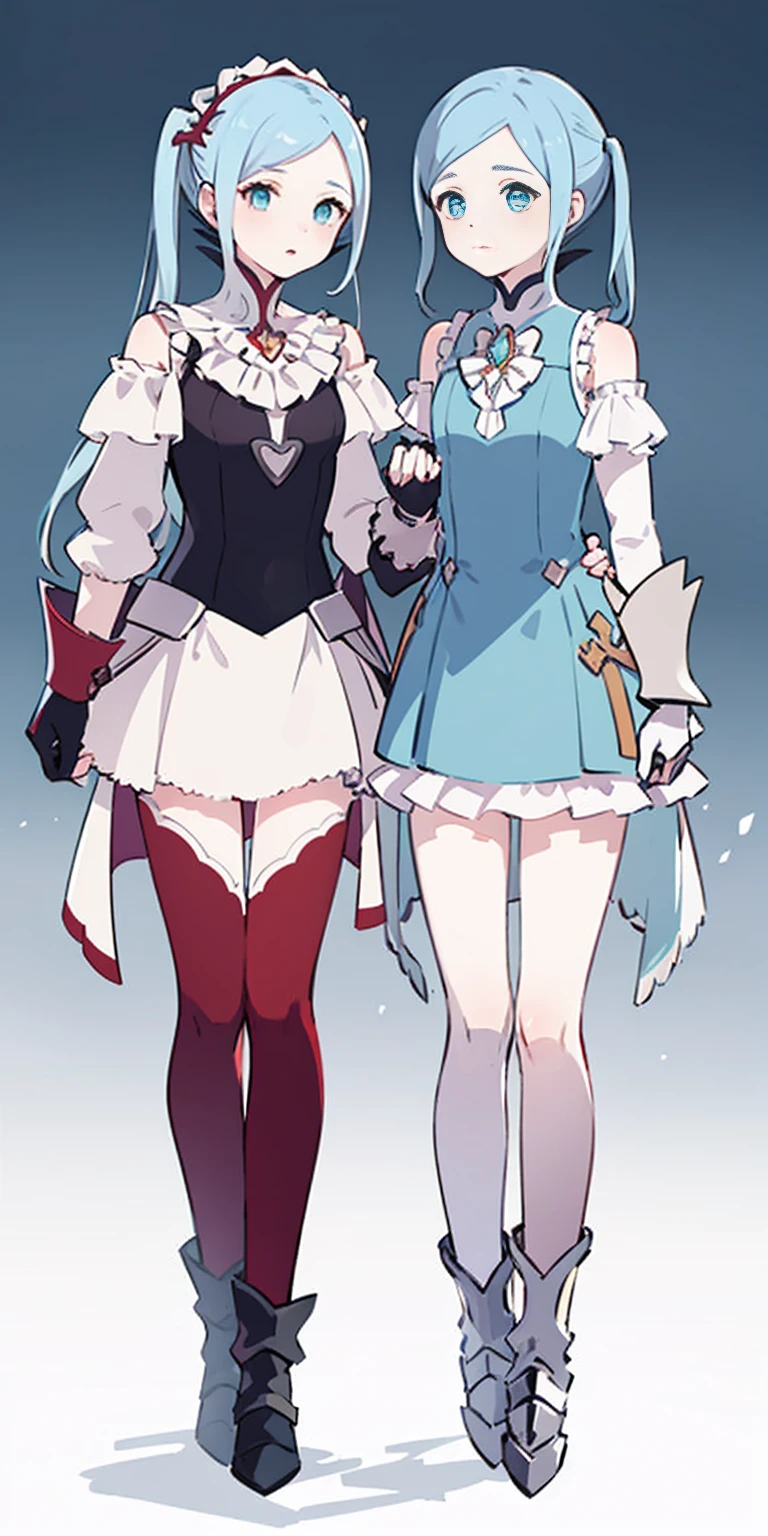 masterpiece, best quality, high quality, long hair, full body, def_effie, blue breastplate, white skin, looking at viewer, shiny, armor, thigh highs, high boots, shoulder armor, faulds, poleyn, gloves, gauntlets, 2girls together, standing next to each other