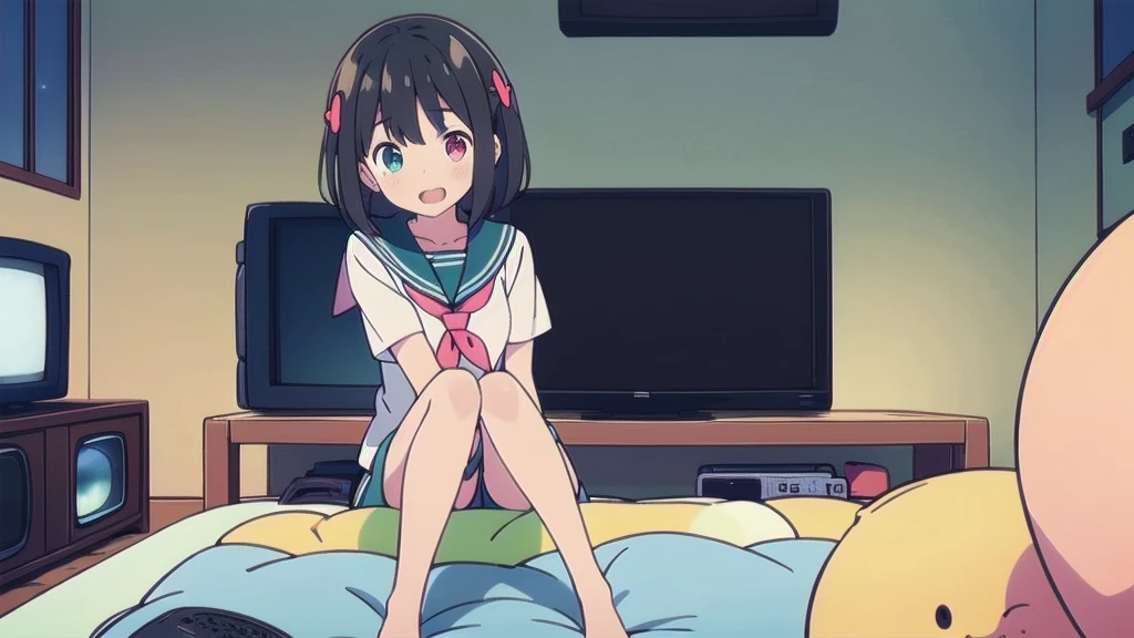 score_9, score_8_above, score_7_above, fountain_cheered up, 1 girl, Switchchan, heterochromia, sailor collar, , shirt, serafín, black thighs, Game control, holding Game control, Session, happy, television, looking at television, on one side,