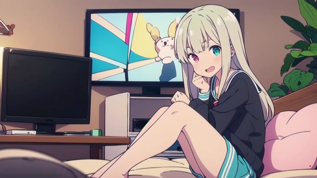 score_9, score_8_above, score_7_above, fountain_cheered up, 1 girl, Switchchan, heterochromia, sailor collar, , shirt, serafín, black thighs, Game control, holding Game control, Session, happy, television, looking at television, on one side,