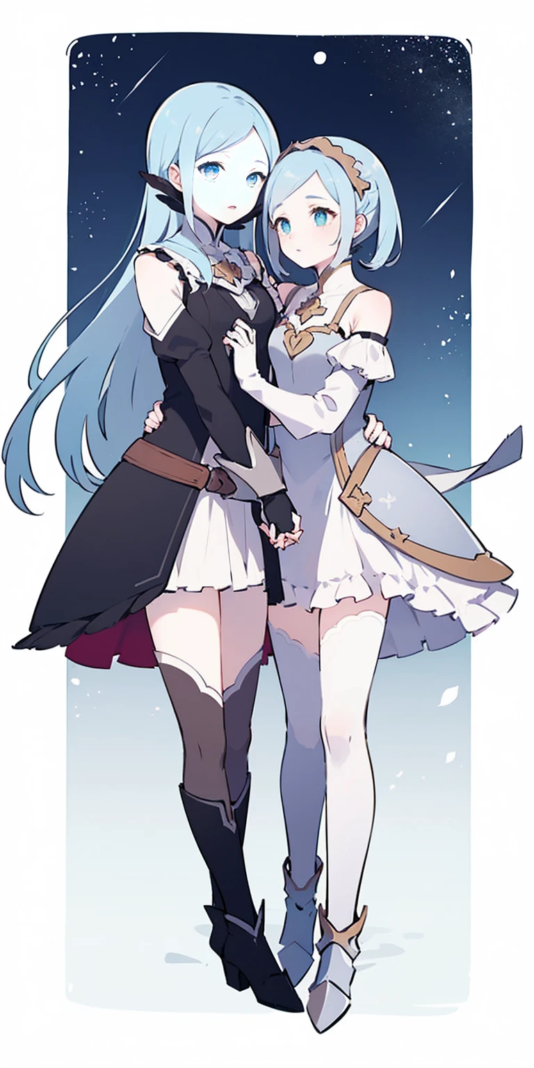 masterpiece, best quality, high quality, long hair, full body, def_effie, blue breastplate, white skin, looking at viewer, shiny, armor, thigh highs, high boots, shoulder armor, faulds, poleyn, gloves, gauntlets, 2girls together, standing next to each other, holding hands and hugging each other