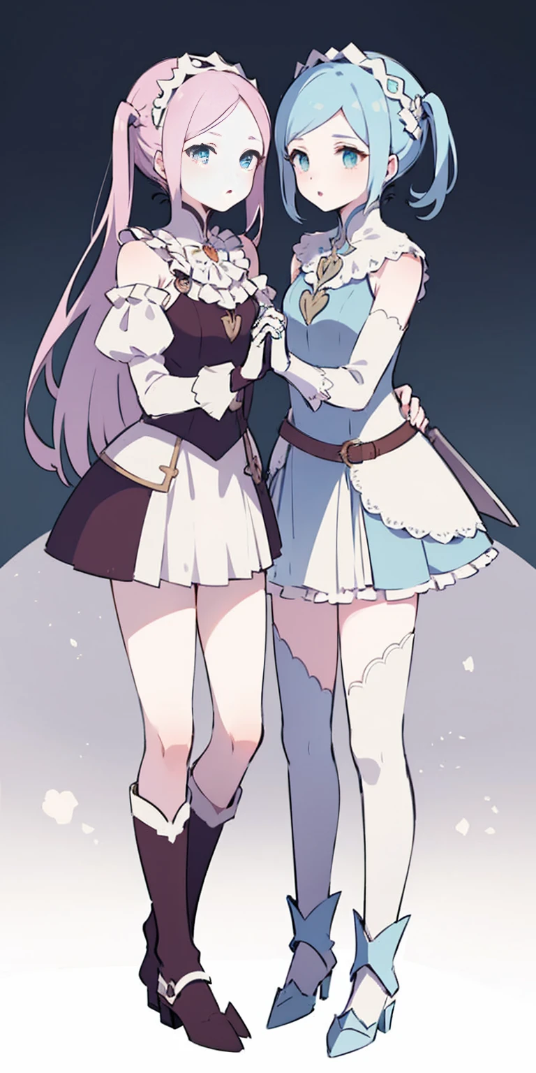 masterpiece, best quality, high quality, long hair, full body, def_effie, blue breastplate, white skin, looking at viewer, shiny, armor, thigh highs, high boots, shoulder armor, faulds, poleyn, gloves, gauntlets, 2girls together, standing next to each other, holding hands and hugging each other