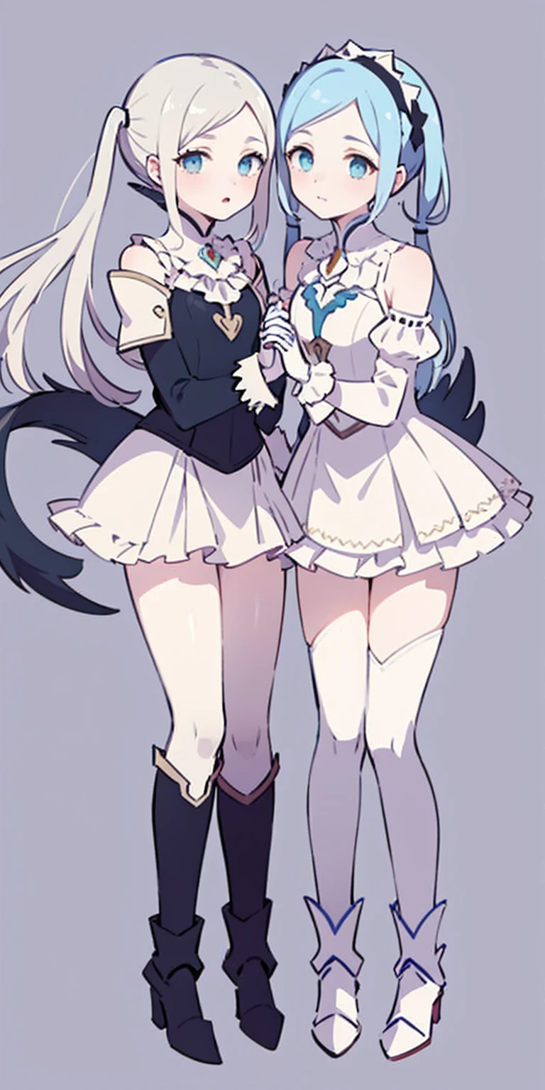 masterpiece, best quality, high quality, long hair, full body, def_effie, blue breastplate, white skin, looking at viewer, shiny, armor, thigh highs, high boots, shoulder armor, faulds, poleyn, gloves, gauntlets, 2girls together, standing next to each other, holding hands and hugging each other