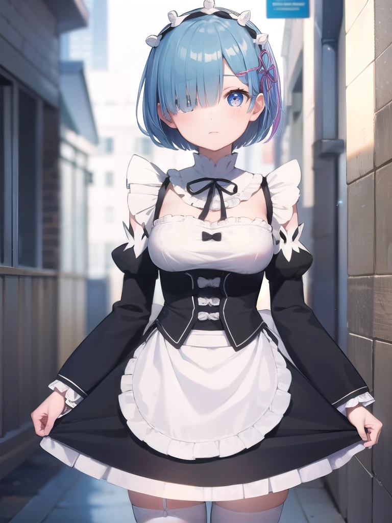 rezerorem, rem, blue eyes, blue hair, hair ornament, hair over one eye, hair ribbon, short hair, x hair ornament,
BREAK apron, black ribbon, black skirt, black sleeves, detached collar, detached sleeves, flower, frilled apron, frilled skirt, frills, head wreath, long sleeves, maid, miniskirt, neck ribbon, purple ribbon, ribbon, ribbon trim, ribbon-trimmed sleeves, roswaal mansion maid uniform, short hair, skirt, thighhighs, waist apron, white ?????, white thighhighs,
BREAK outdoors, city,
BREAK looking at viewer,
BREAK (masterpiece:1.2), best quality, high resolution, unity 8k wallpaper, (illustration:0.8), (beautiful detailed eyes:1.6), extremely detailed face, perfect lighting, extremely detailed CG, (perfect hands, perfect ???????),