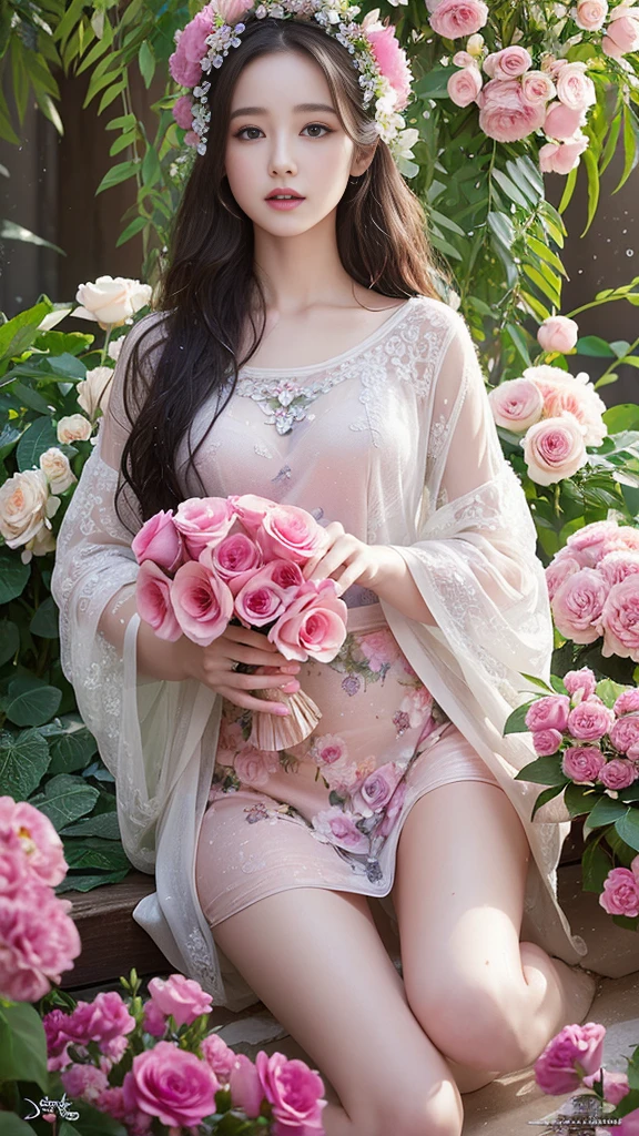 (masterpiece, best quality, best quality, official art, beauty and aesthetics: 1.2), (1 girl: 1.3), very detailed, (fractal art: 1.1), (color: 1.1) (flowers: 1.5), most detailed, long wavy hair, up to the knees, eyes looking at camera, perfect eyes, (wet skin), goddess