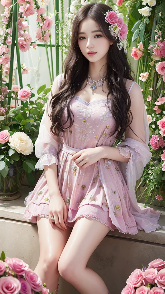 (masterpiece, best quality, best quality, official art, beauty and aesthetics: 1.2), (1 girl: 1.3), very detailed, (fractal art: 1.1), (color: 1.1) (flowers: 1.5), most detailed, long wavy hair, up to the knees, eyes looking at camera, perfect eyes, (wet skin), goddess