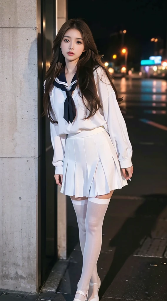 deep in the night,Camera shot,Faraway view,shooting full body,Full body photo,A high resolution,Extreme detail,16k,one-girl,Long brown hair,Long hair shawl,Fill your face light,Emphasis,Exquisite and perfect facial features,with a round face,Big sweet eyes with lying silkworms,Extremely precise body structure,(Sailor school uniform:1.25),((pleatedskirt)),(Covers the full leg black pantyhose:1.2),(Detal Face:1.2):0.2,RAW photogr,(tmasterpiece),(best qualtiy),high rise,(photorealestic,photographrealistic:1.2)),ultra - detailed,physically-based renderingt,1girll,Air bangs,long whitr hair,wavey hair,Hosiery,White background wall,white backgrounid,deep in the night,beachside