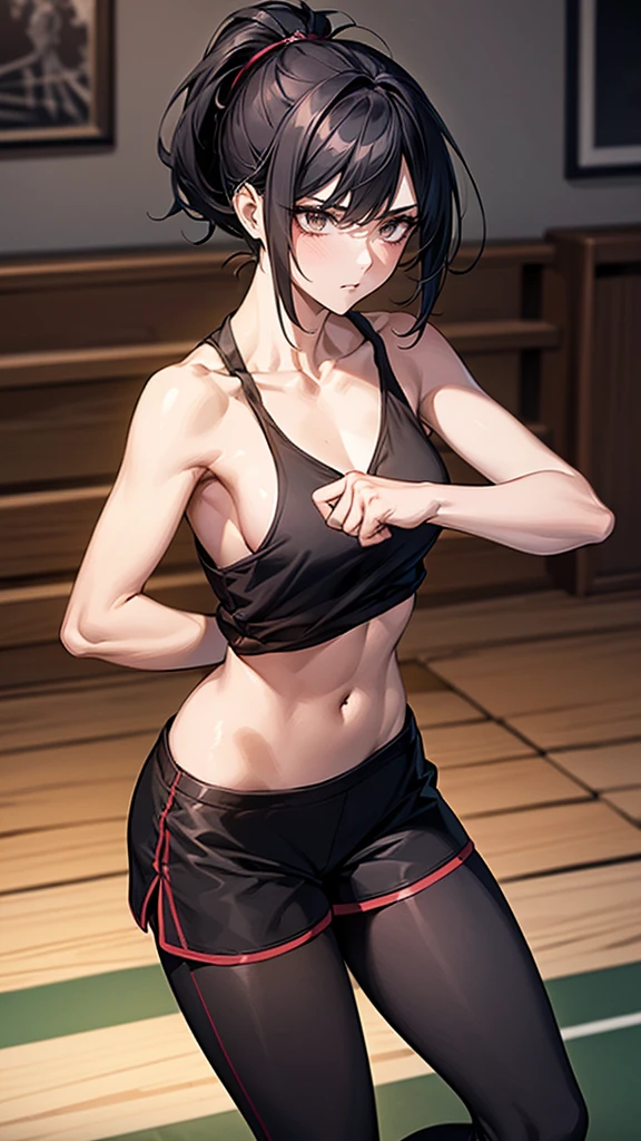 ((Highest quality)), ((masterpiece)), (detailed) {{{No sleeve}}} Slender female martial arts instructor Mature Woman ((Combat Stance)) Open chest dojo Black Hair ponytail ((Leggings with integrated shorts)) clavicle Black belt Décolletage Open chest